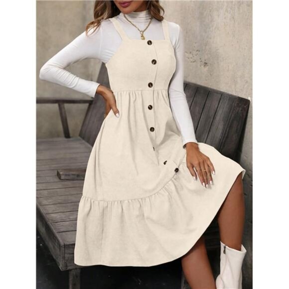 Variété Boutique Dresses & Skirts - Women Casual Solid Color Front Button Strap Dress, Autumn